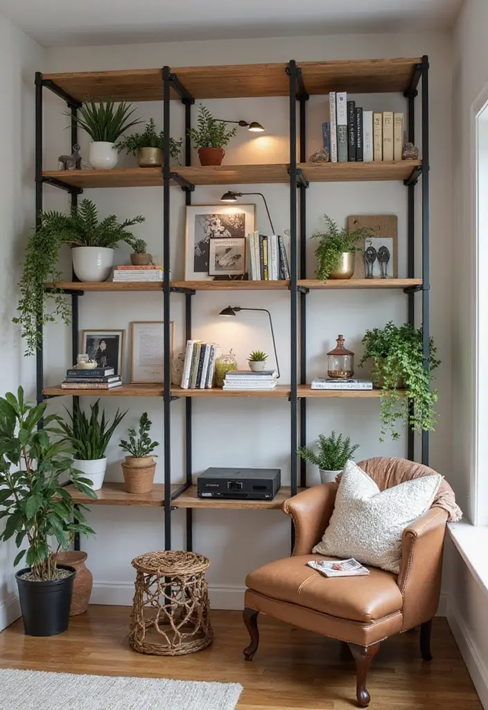 25 Basement Living Room Ideas for Relaxing Evenings - 1. Embrace Open Shelving