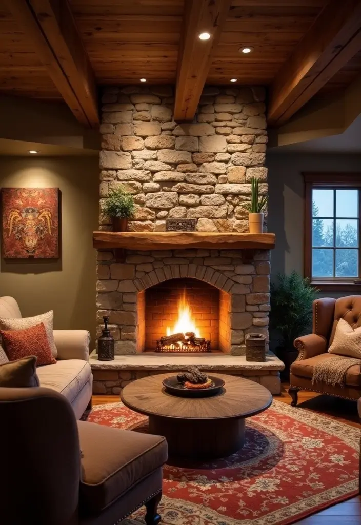 25 Basement Living Room Ideas for Relaxing Evenings - 12. Cozy Fireplaces for Warmth