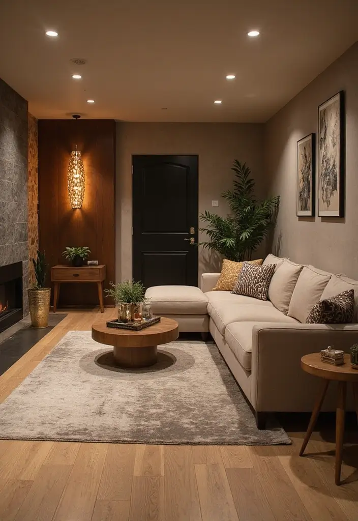 25 Basement Living Room Ideas for Relaxing Evenings - 14. Warm Metallic Accents