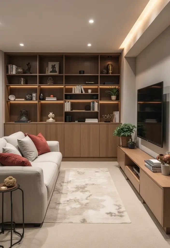 25 Basement Living Room Ideas for Relaxing Evenings - 16. Incorporate Built-In Storage Solutions