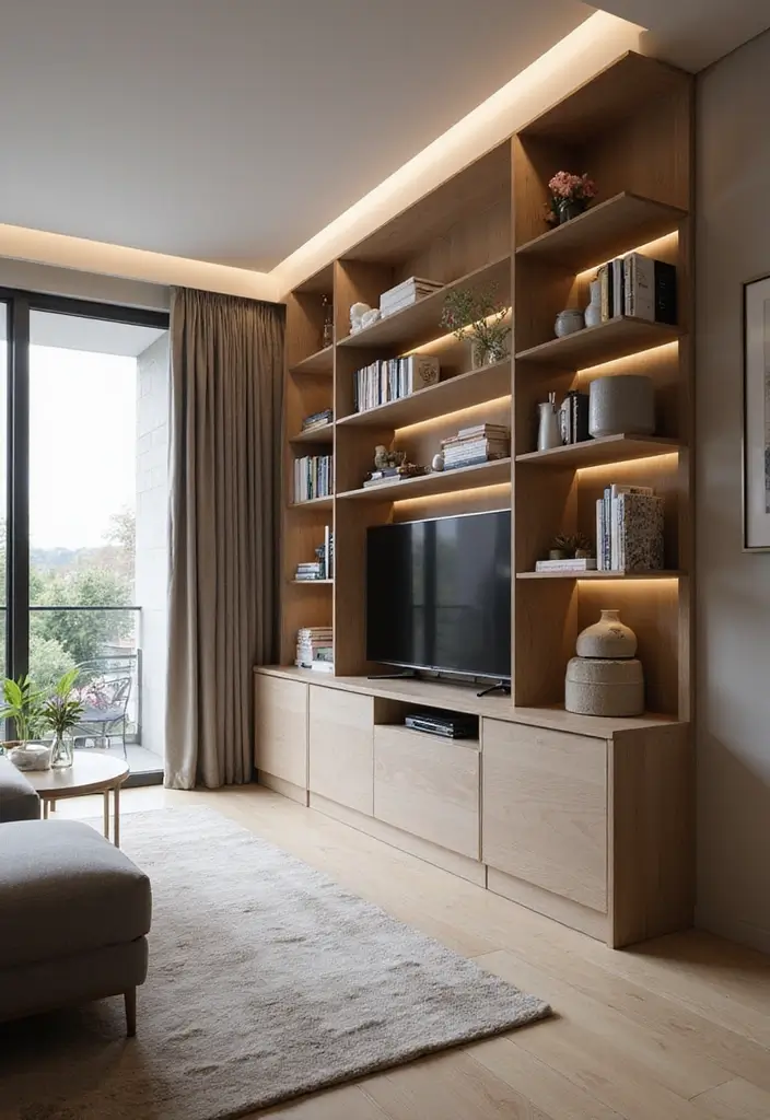 25 Narrow Living Room Layout Solutions You’ll Love - 16. Streamlined Media Units