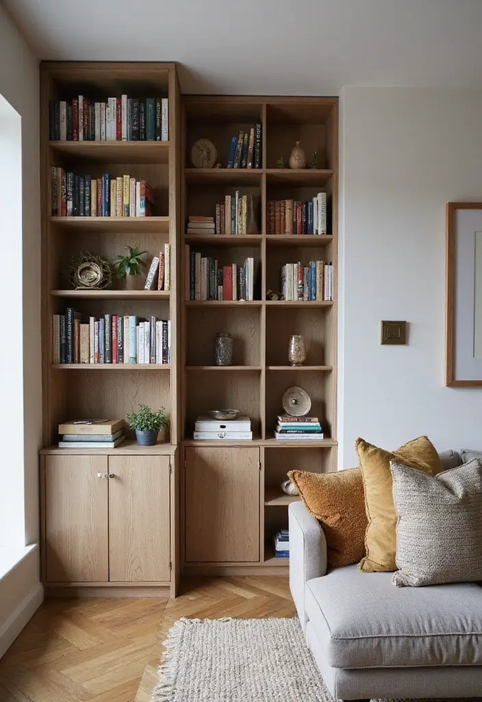 25 Narrow Living Room Layout Solutions You’ll Love - 18. Integrated Bookshelves