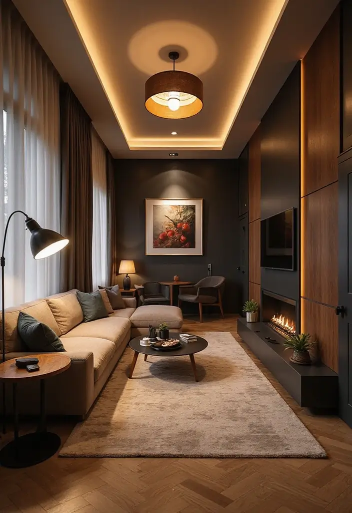 25 Narrow Living Room Layout Solutions You’ll Love - 25. Layered Lighting