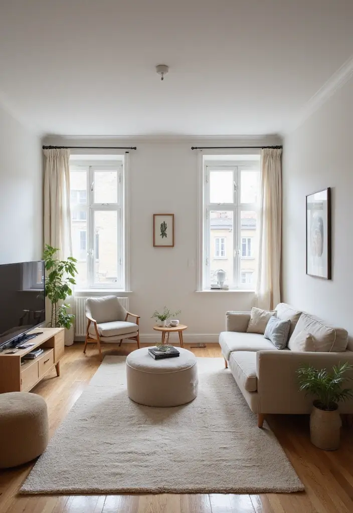 25 Narrow Living Room Layout Solutions You’ll Love - 7. Minimalistic Approach