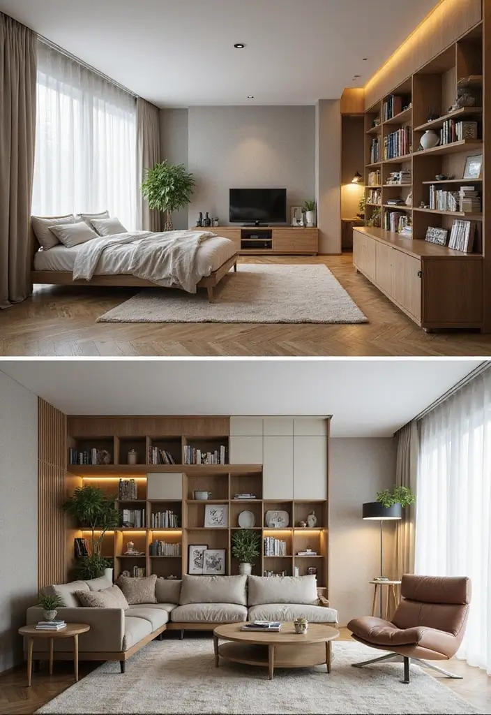 25 One Bedroom Apartment Ideas Floor Plans for Efficiency - 15. Flexible Room Dividers