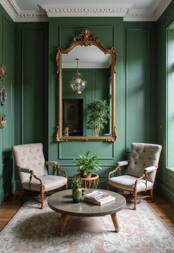 25 Ways to Style Green Walls in Your Living Room - 10. Utilize Mirrors