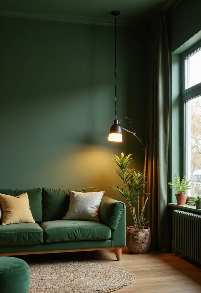 25 Ways to Style Green Walls in Your Living Room - 12. Integrate Eco-Friendly Lighting