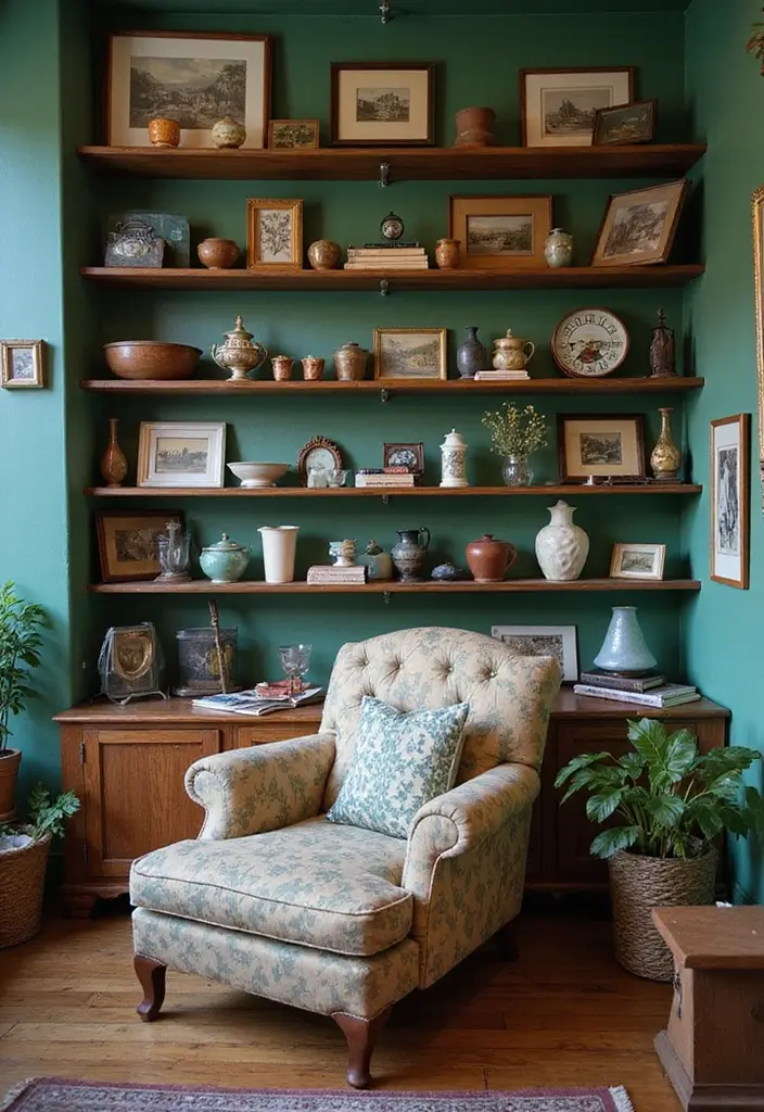 25 Ways to Style Green Walls in Your Living Room - 13. Showcase Personal Collections