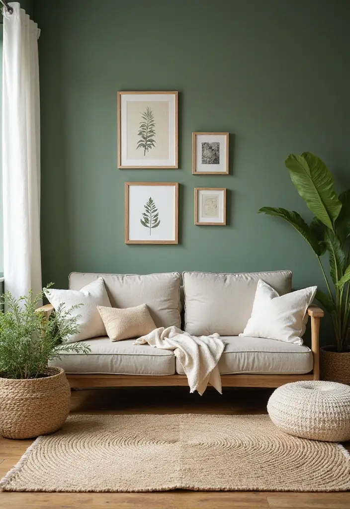 25 Ways to Style Green Walls in Your Living Room - 14. Use Sustainable Fabrics