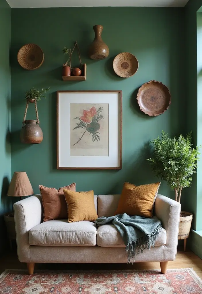 25 Ways to Style Green Walls in Your Living Room - 16. Celebrate Local Artisans