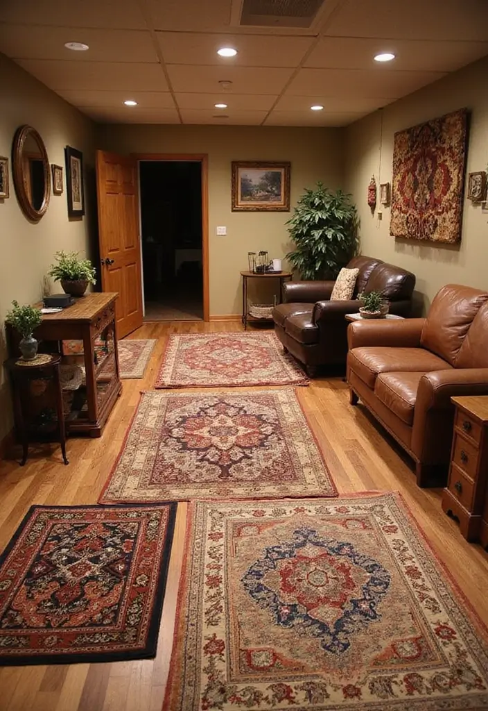 26 Basement Floor Ideas to Refresh Your Space - 10. Area Rugs for Warmth