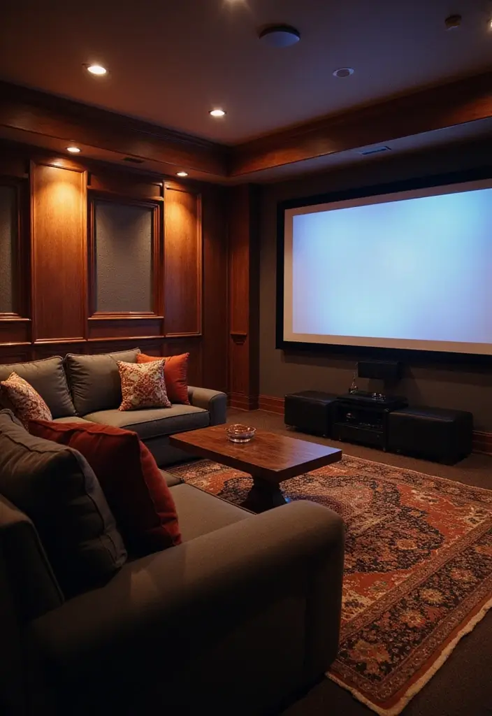 26 Cozy Basement Ideas for a Warm Family Hangout - 1. A Snug Movie Theater