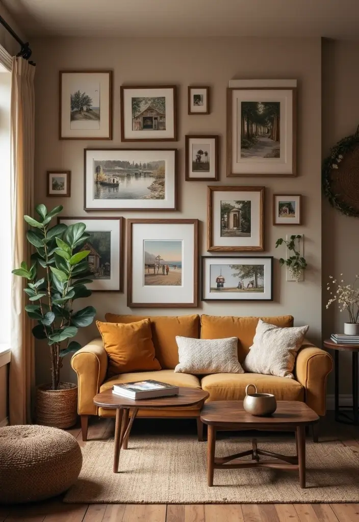 26 Cozy Basement Ideas for a Warm Family Hangout - 10. Artistic Gallery Wall