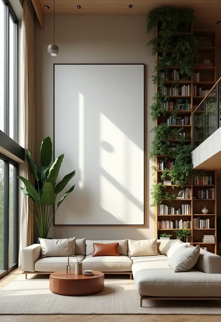 26 High Ceiling Living Room Ideas for Spacious Feel - 1. Emphasize Vertical Space with Tall Wall Decor