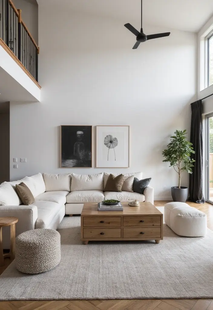 26 High Ceiling Living Room Ideas for Spacious Feel - 10. Utilize Under-Furniture Storage