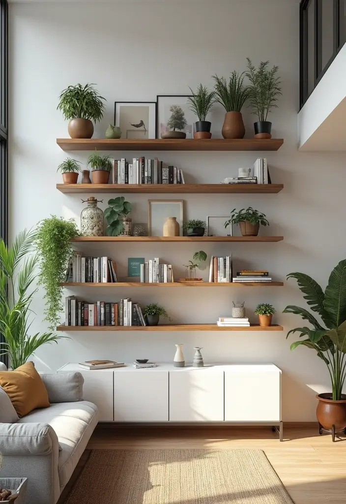 26 High Ceiling Living Room Ideas for Spacious Feel - 11. Artistic Shelving Solutions