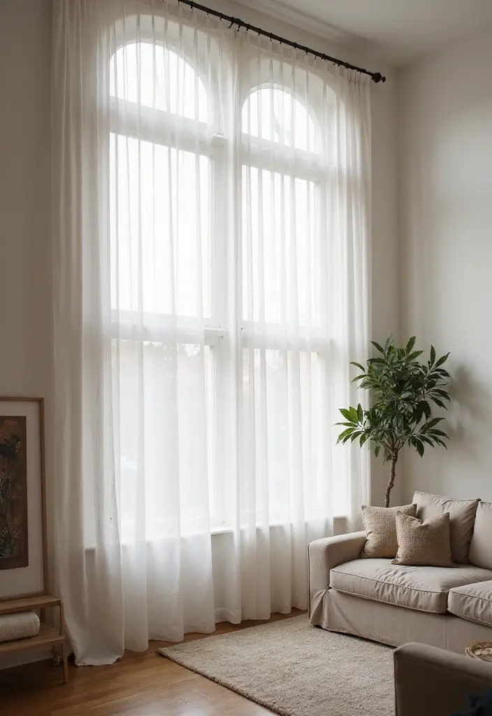 26 High Ceiling Living Room Ideas for Spacious Feel - 12. Minimalist Window Treatments