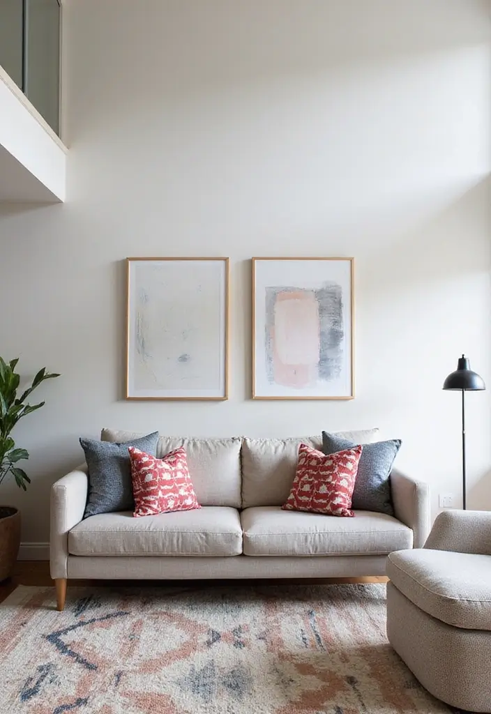 26 High Ceiling Living Room Ideas for Spacious Feel - 13. Bold Patterns in Minimalist Design