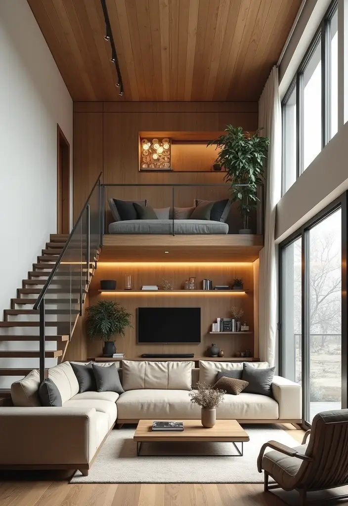 26 High Ceiling Living Room Ideas for Spacious Feel - 17. Incorporate a Loft or Mezzanine