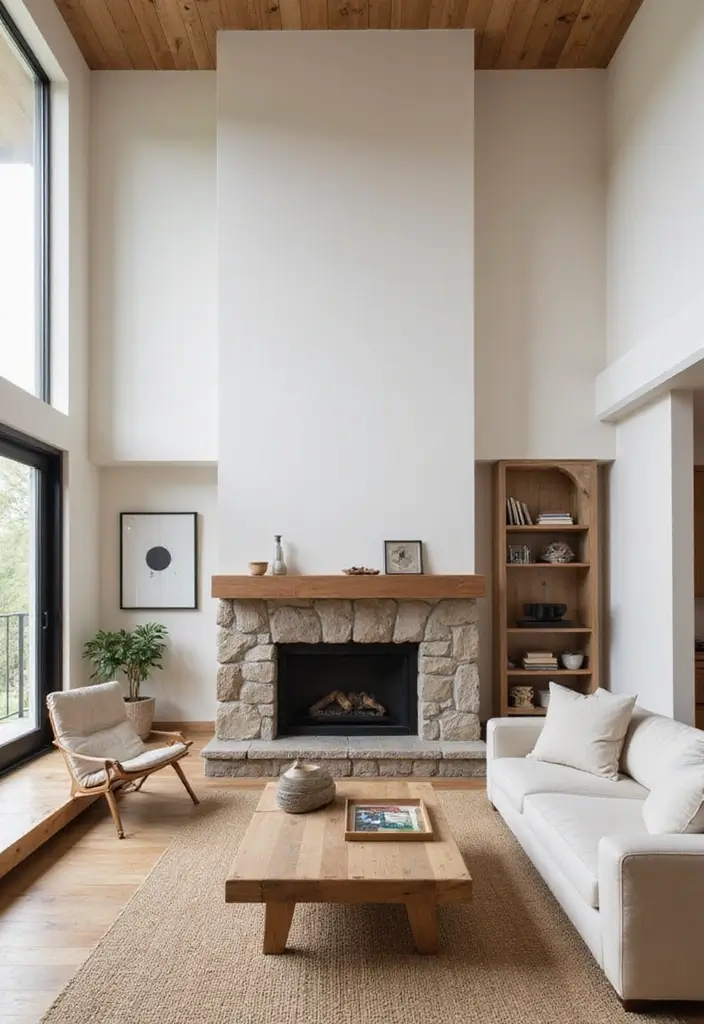 26 High Ceiling Living Room Ideas for Spacious Feel - 19. Use Natural Materials for Warmth