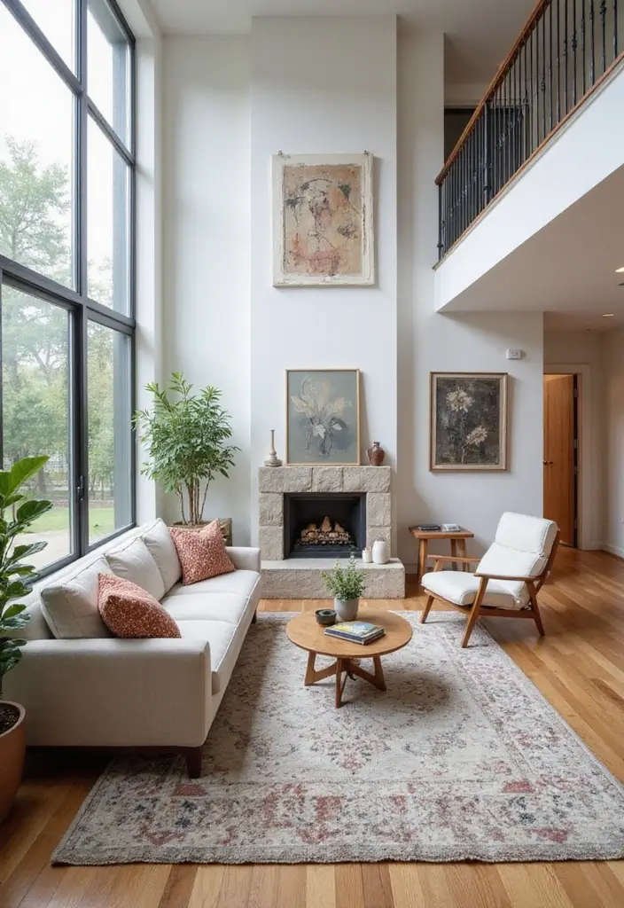 26 High Ceiling Living Room Ideas for Spacious Feel - 21. Stylish Area Rugs to Define Spaces