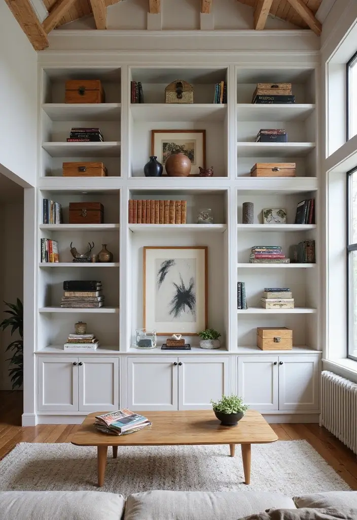 26 High Ceiling Living Room Ideas for Spacious Feel - 22. Open Shelves for Display and Storage