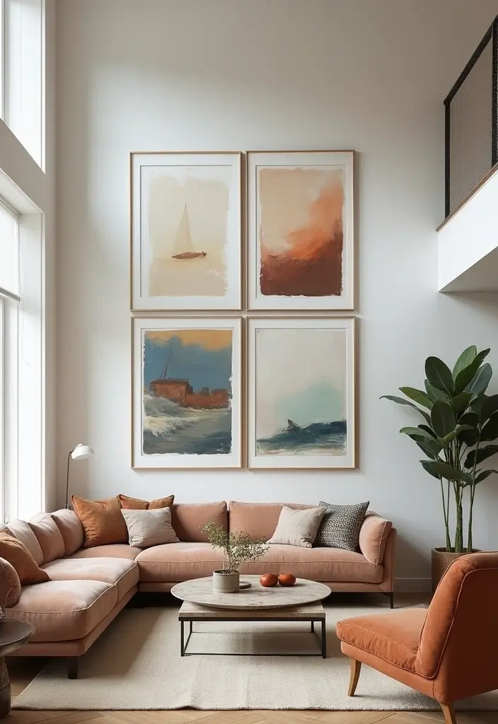 26 High Ceiling Living Room Ideas for Spacious Feel - 23. Thoughtful Artwork Placement