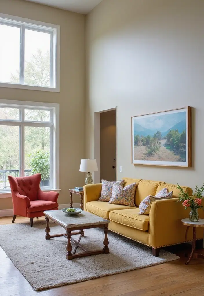 26 High Ceiling Living Room Ideas for Spacious Feel - 24. Colorful Accent Furniture