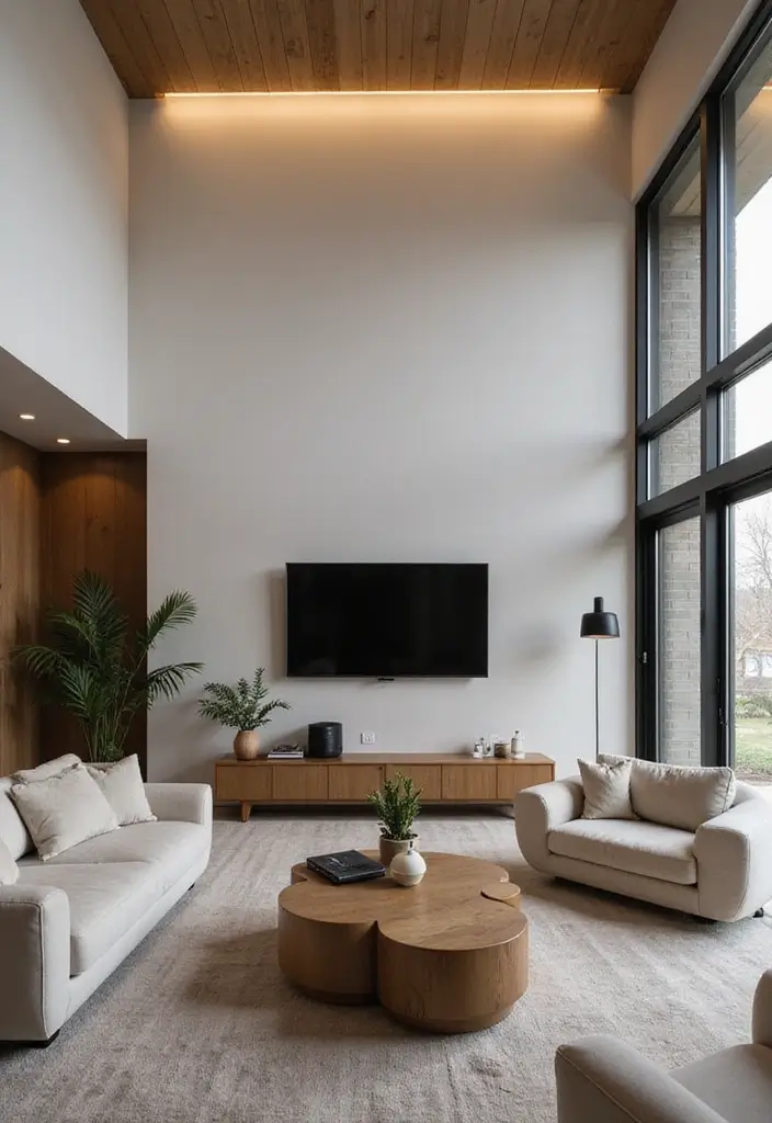 26 High Ceiling Living Room Ideas for Spacious Feel - 26. Minimalist Tech Integration