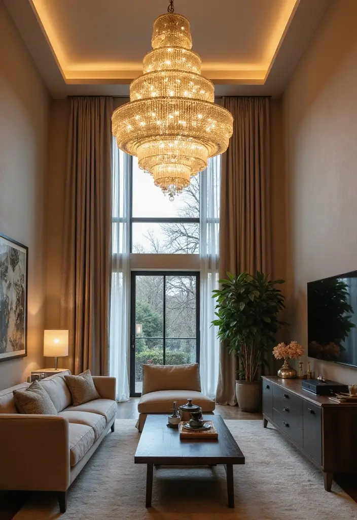 26 High Ceiling Living Room Ideas for Spacious Feel - 5. Use a Statement Light Fixture