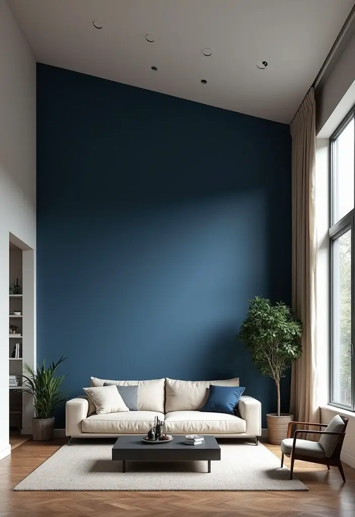 26 High Ceiling Living Room Ideas for Spacious Feel - 9. Bold Color Accent Walls