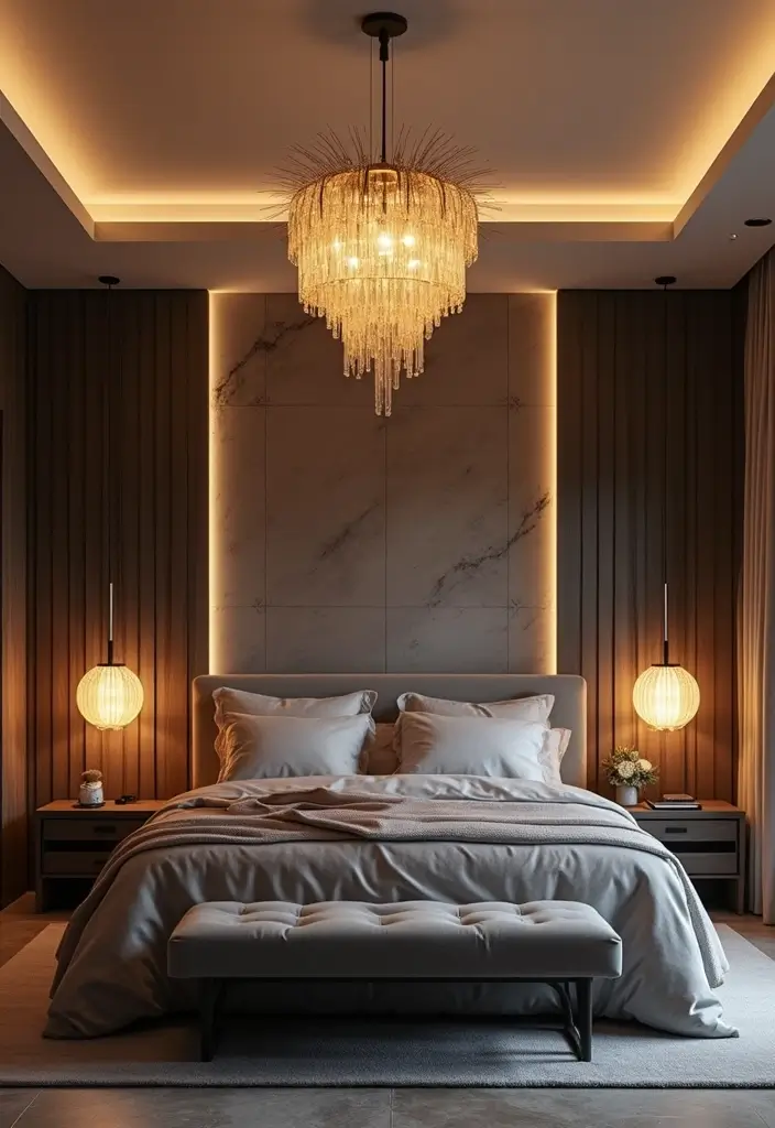 27 Creative Basement Bedroom Ideas to Maximize Comfort - 10. Dramatic Lighting Fixtures