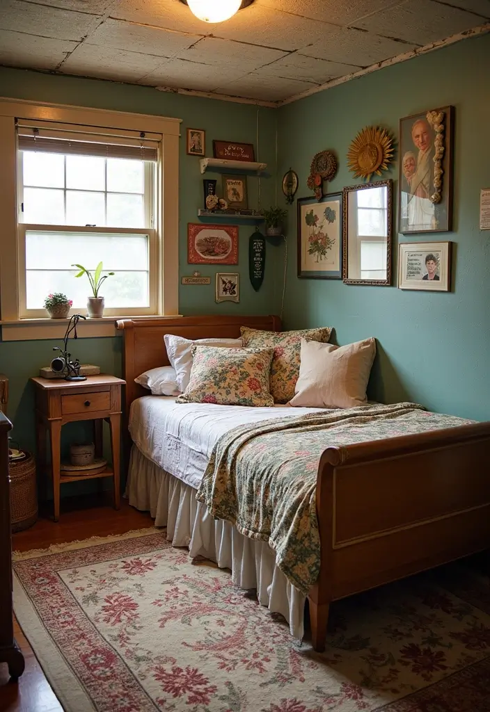 27 Creative Basement Bedroom Ideas to Maximize Comfort - 13. Vintage Charm with Thrifted Finds