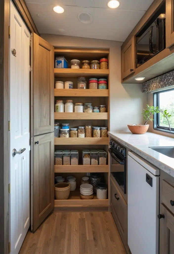 27 RV Kitchen Remodel Ideas for Road Warriors - 1. Compact Pull-Out Pantry