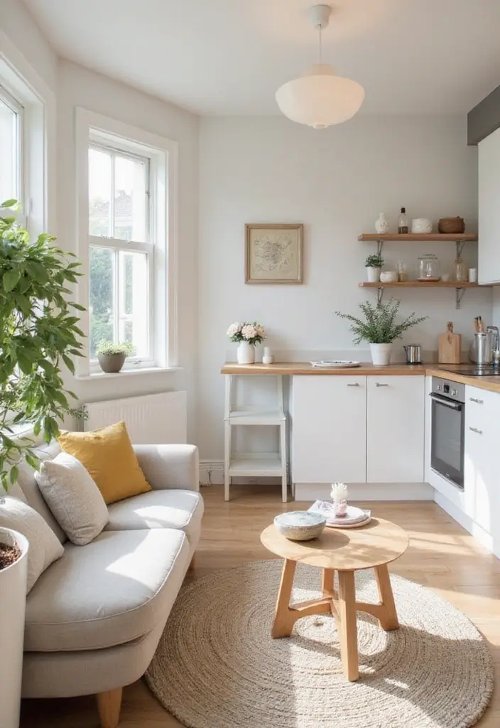 27 Small Living Room Kitchen Combo Layouts That Work - 14. Soft Color Schemes for a Bright Look