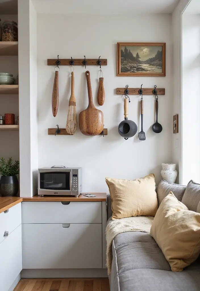 27 Small Living Room Kitchen Combo Layouts That Work - 15. Functional Wall Art for Decor and Utility