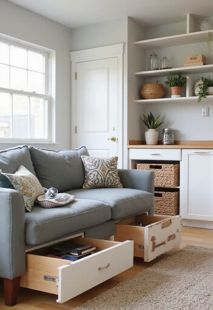 27 Small Living Room Kitchen Combo Layouts That Work - 17. Creative Storage Solutions