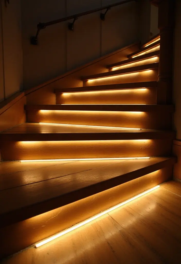 28 Basement Stairs Ideas for Safety and Style - 1. Understated LED Strip Lighting