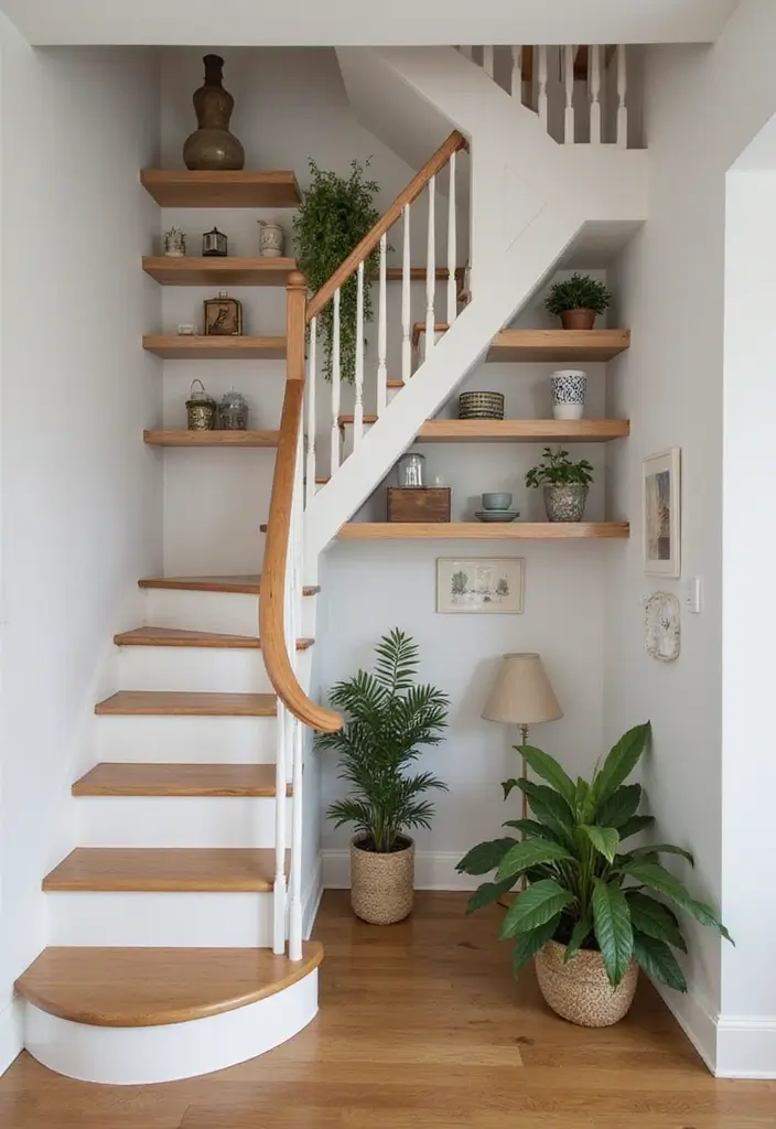 28 Basement Stairs Ideas for Safety and Style - 13. Integrated Shelving