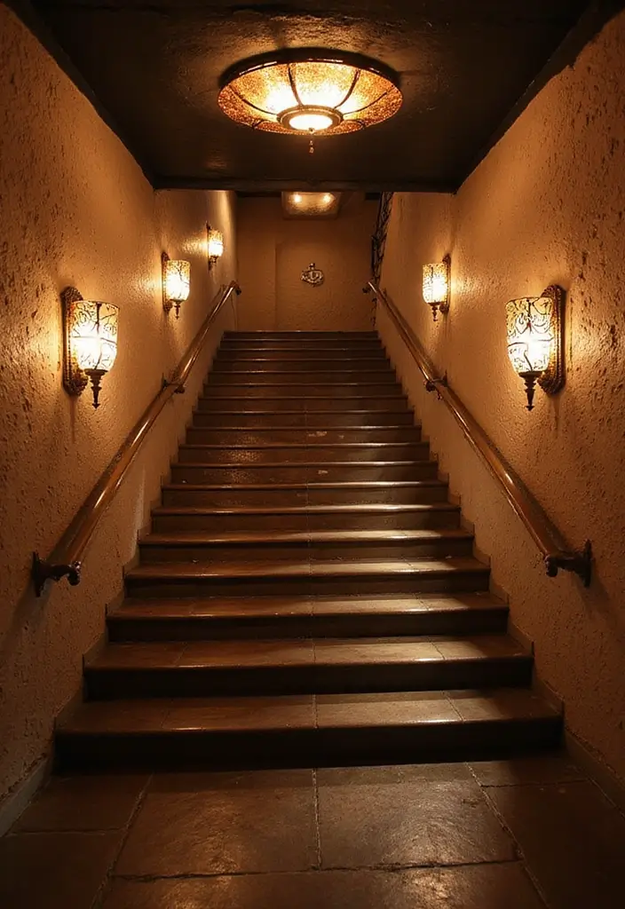 28 Basement Stairs Ideas for Safety and Style - 16. Unique Stair Lighting Fixtures