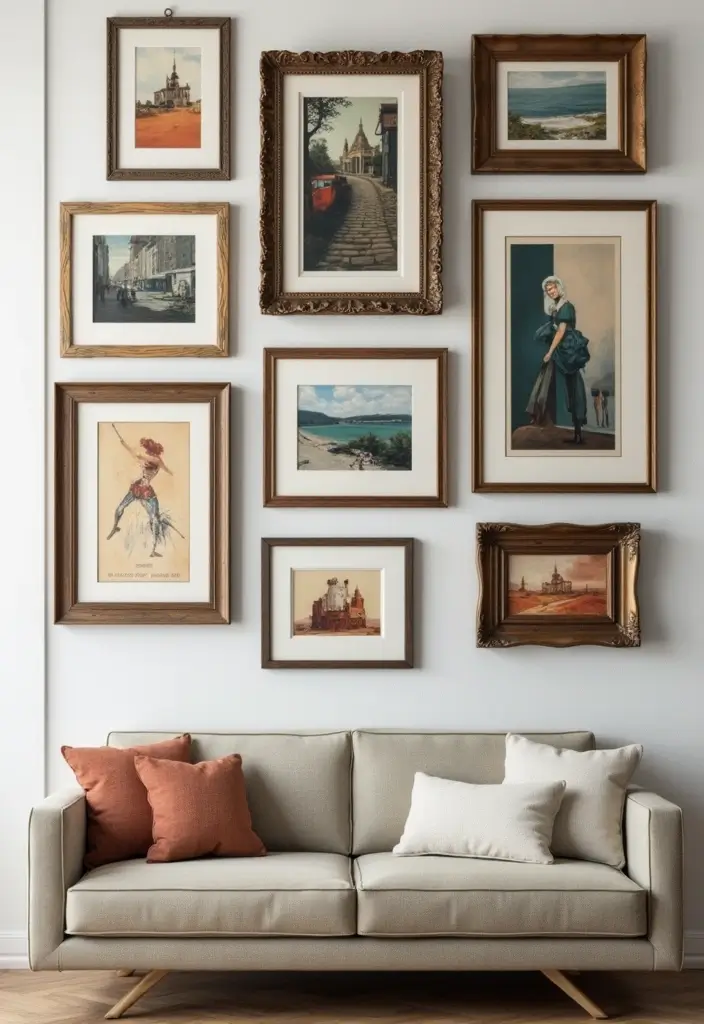 28 Gallery Wall Living Room Ideas to Make a Statement - 10. Vintage Frames with Modern Art