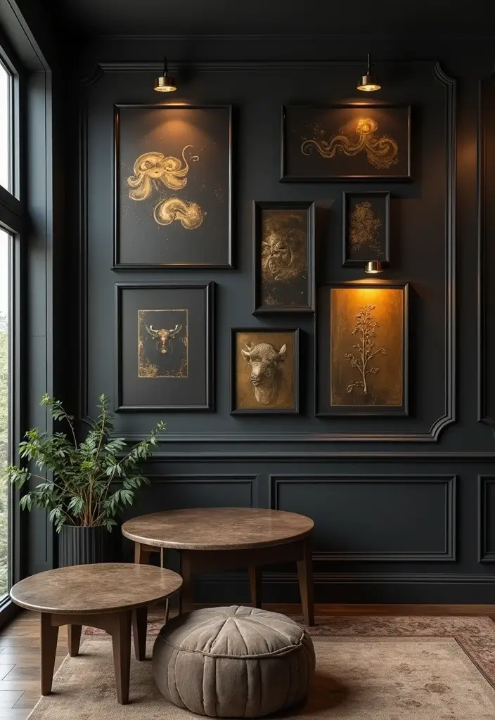 28 Gallery Wall Living Room Ideas to Make a Statement - 12. Black and Gold Glamour