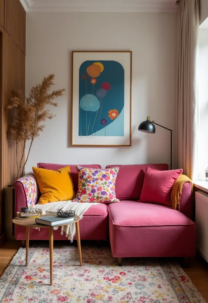 28 Long Living Room Layout Ideas for Narrow Spaces - 10. Pop of Color