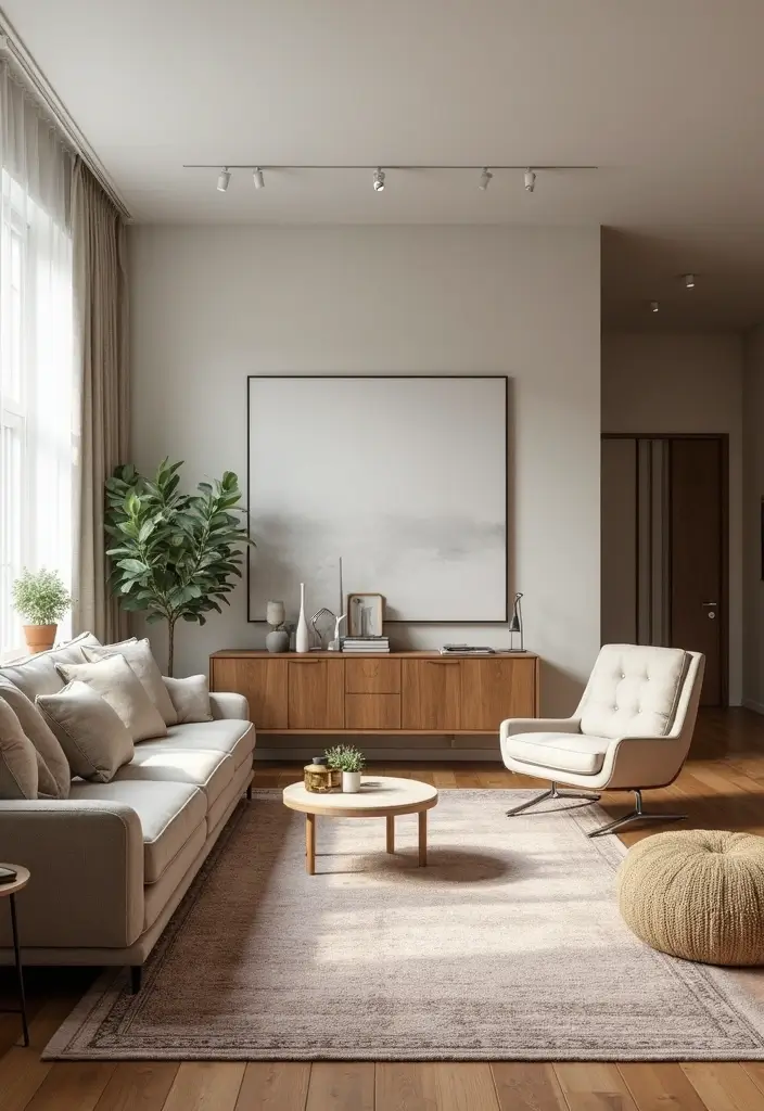 28 Long Living Room Layout Ideas for Narrow Spaces - 11. Smart Separation with Rugs