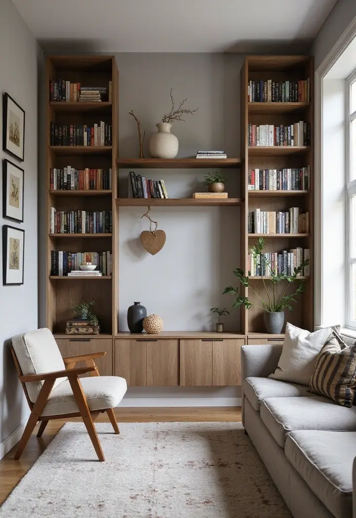 28 Long Living Room Layout Ideas for Narrow Spaces - 14. Vertical Storage Solutions
