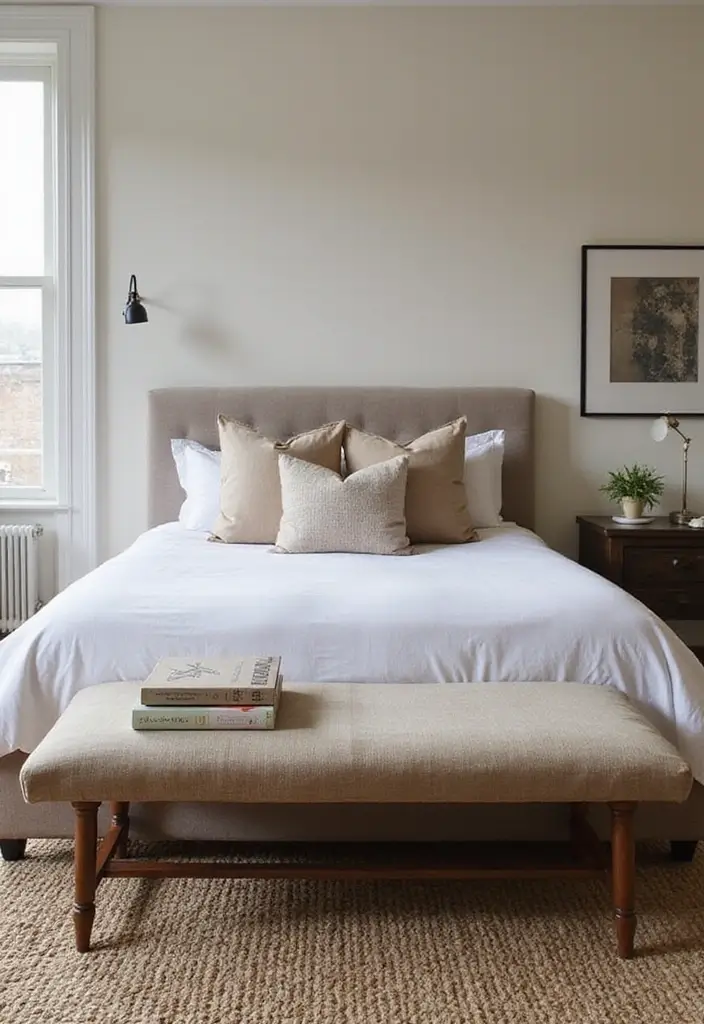 29 Apartment Bedroom Decor Tips for a Cozy Space - 14. Add a Cozy Bench