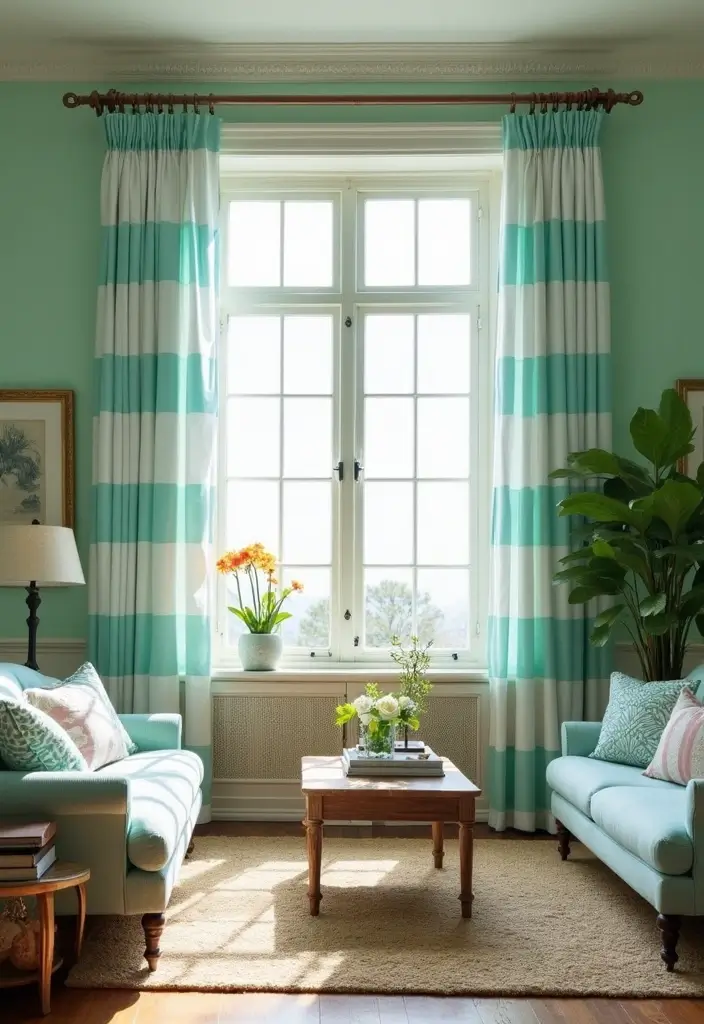 29 Curtains for Green Walls in Your Living Room – Top Picks - 13. Nautical Stripes