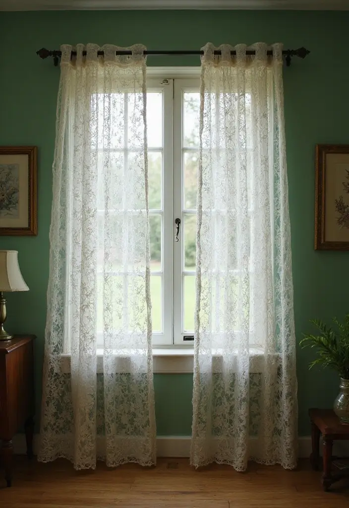 29 Curtains for Green Walls in Your Living Room – Top Picks - 14. Vintage Lace