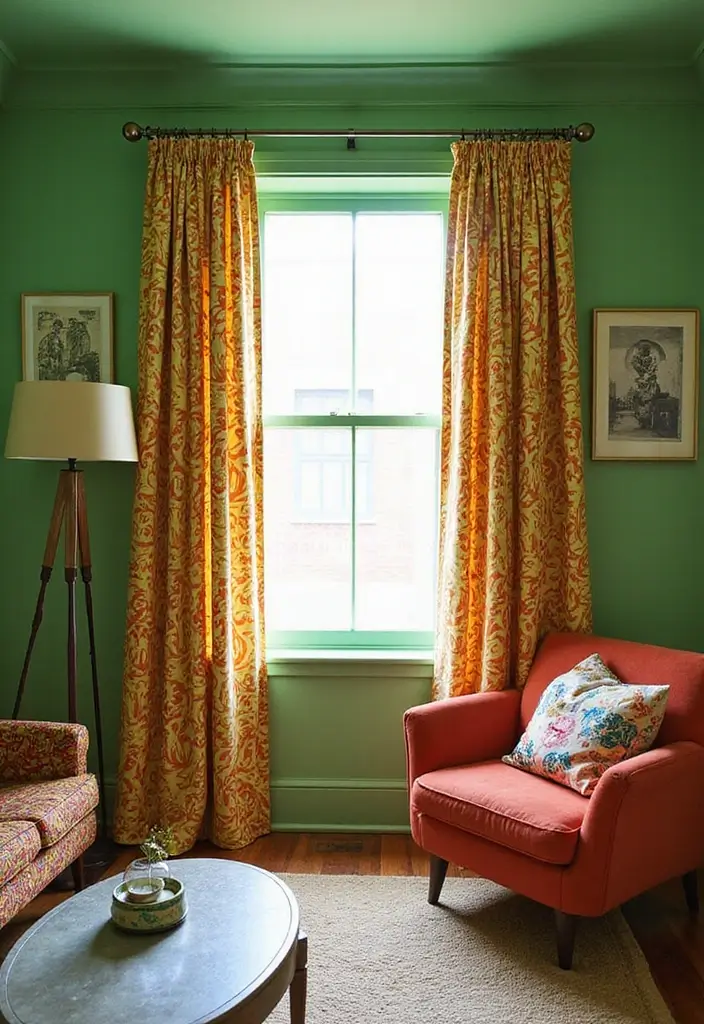 29 Curtains for Green Walls in Your Living Room – Top Picks - 17. Reinvented Retro
