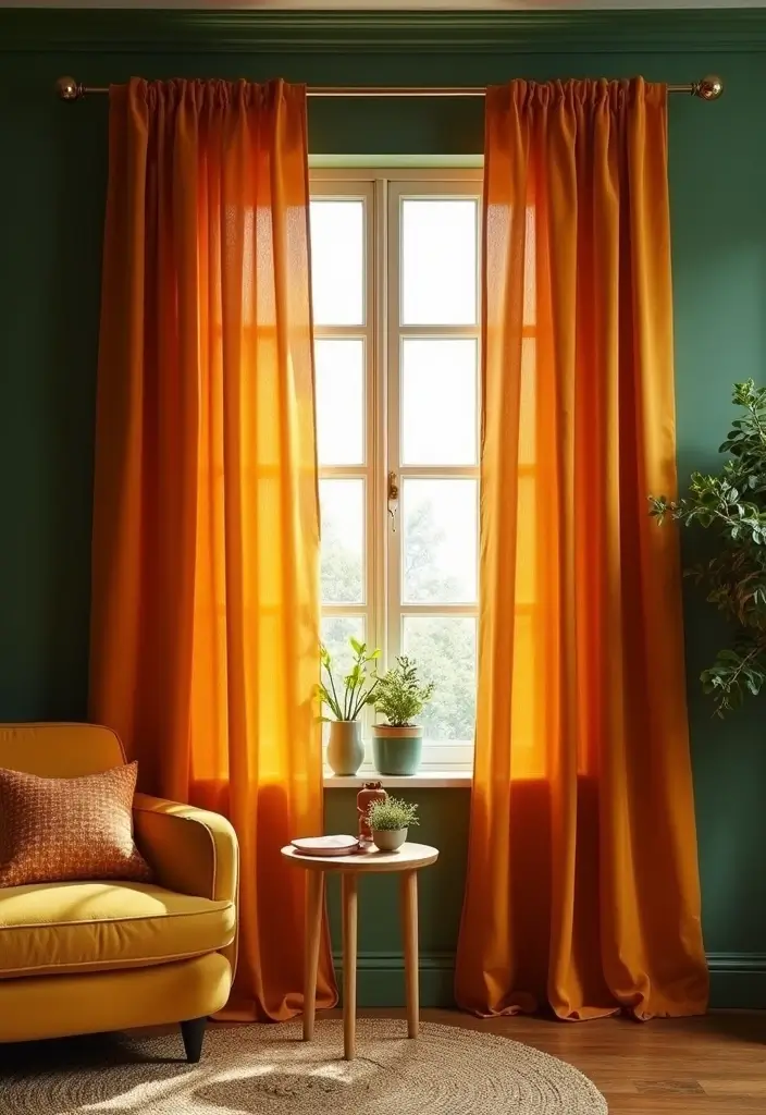 29 Curtains for Green Walls in Your Living Room – Top Picks - 18. Warm Tones and Warmth
